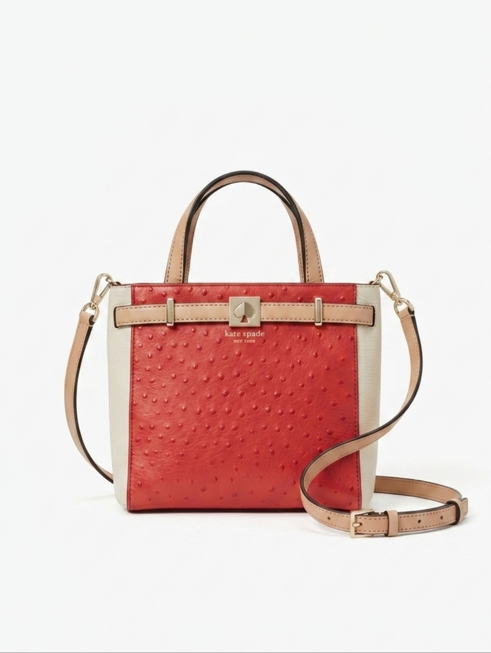 Kate Spade Houston Street Leo Ostrich Embossed Satchel Crossbody Red Cream